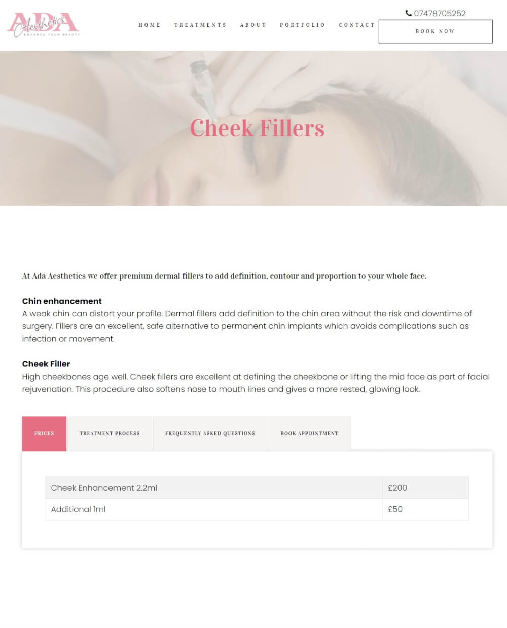 A screenshot of treatment page copywriting for Ada Aesthetics London