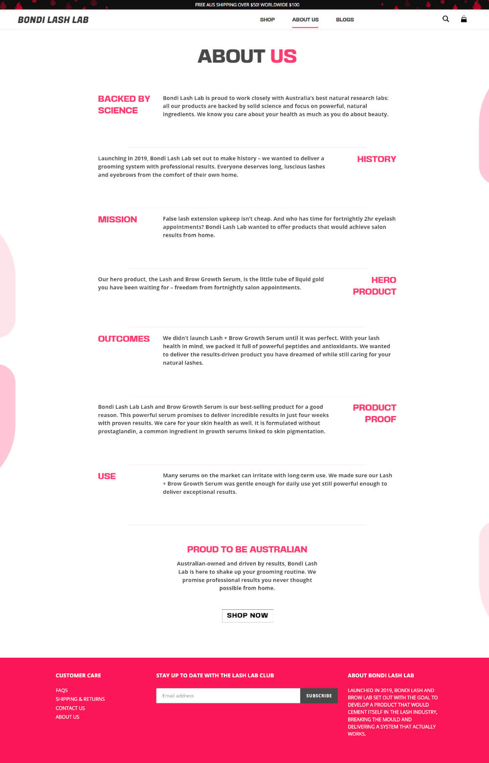 A screenshot of copywriting work done by Charlotte Wilkes Beauty Writer for Bondi Lash Labs About Us page