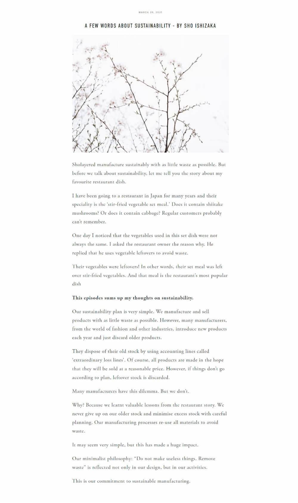 A screenshot of a Sholayered article - A few words about sustainability