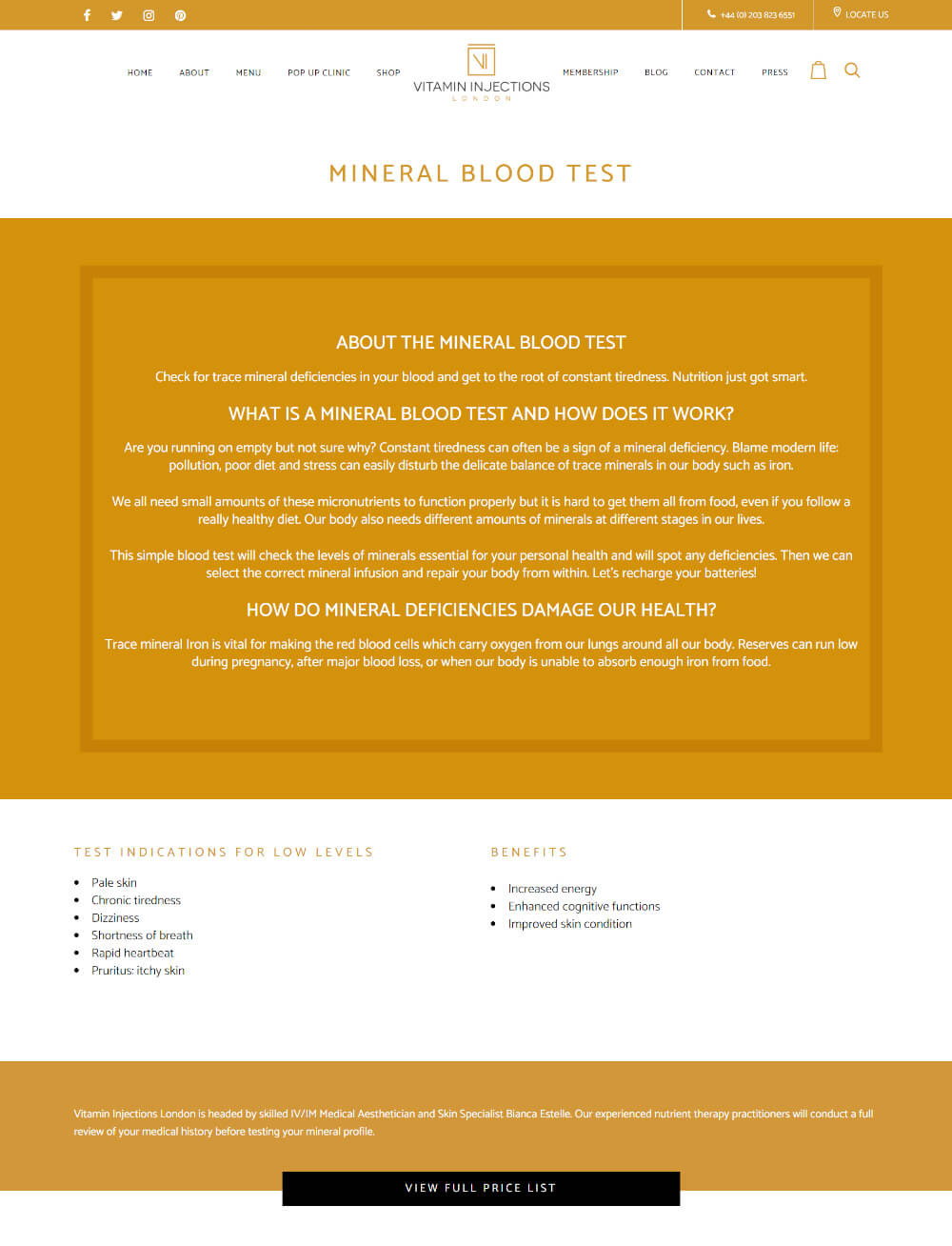 A screenshot of a Vitamin Injections treatment page - Mineral blood test