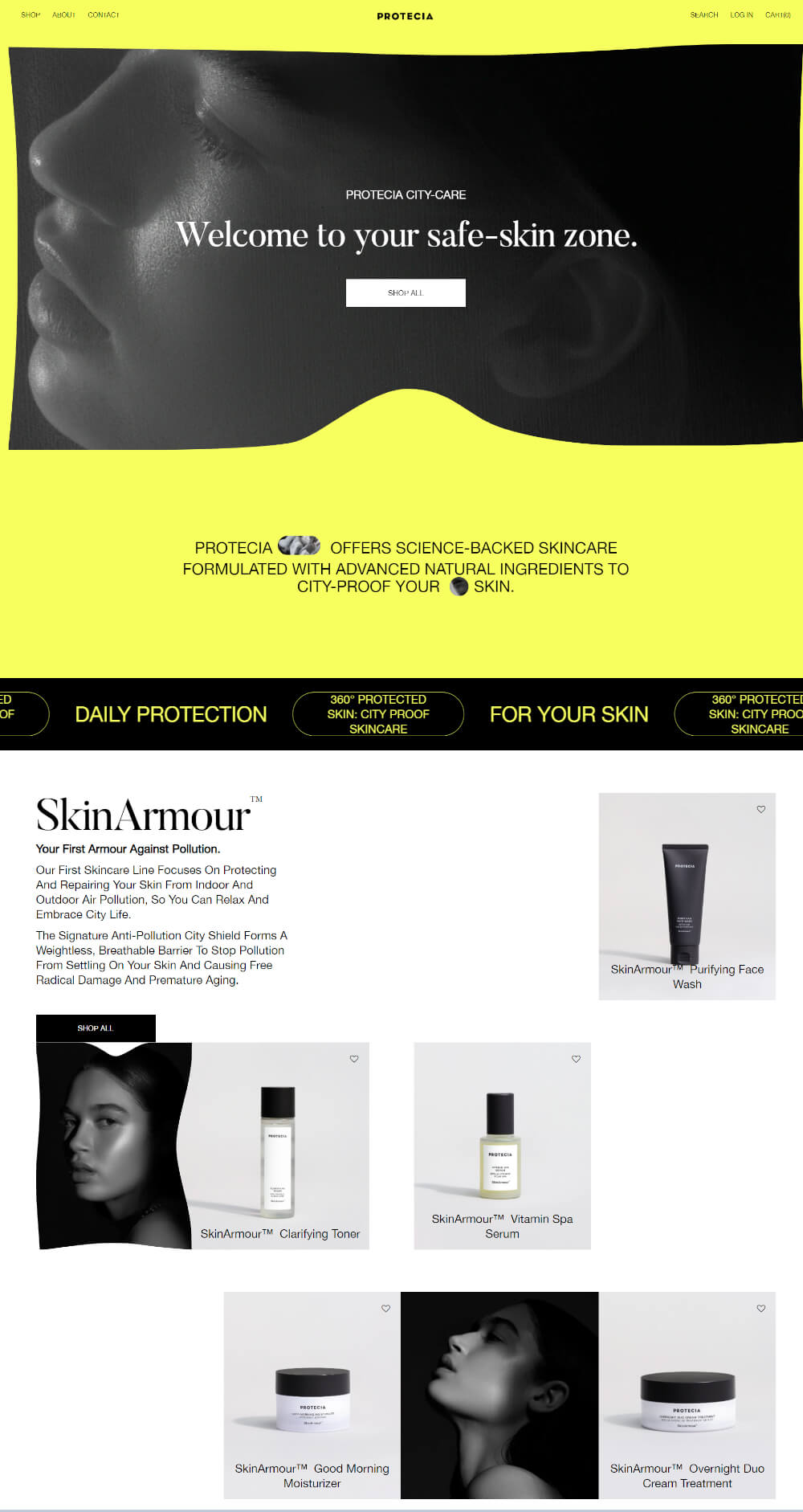 Screenshot of Protecia skincare homepage top section