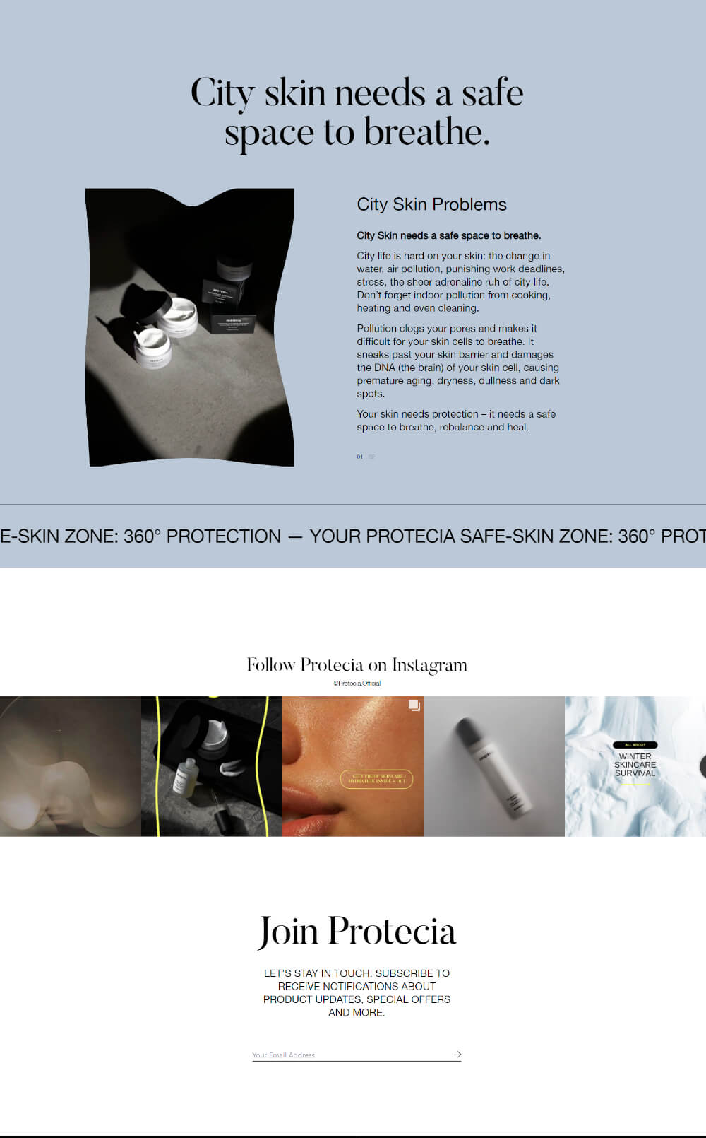 Screenshot of Protecia skincare homepage bottom section