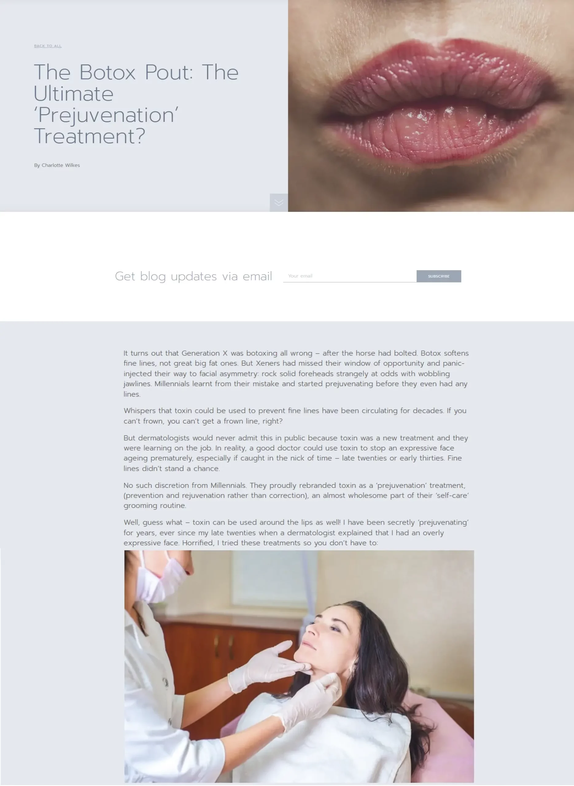 A screenshot of an article written by Charlotte Wilkes Beauty Writer. The article is called The Botox Pout. Page 1