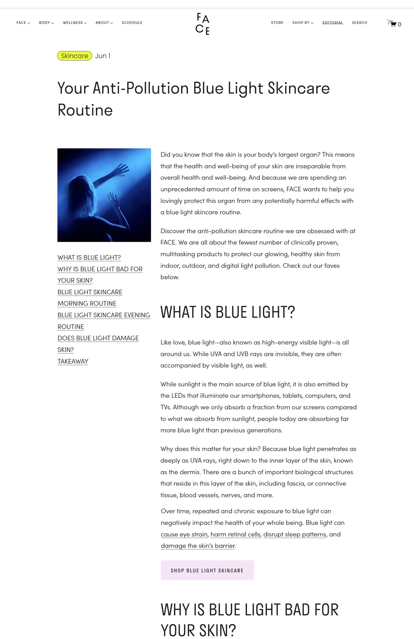 A screenshot of a blog post about Anti blue light skincare. The blog post is written by Charlotte Wilkes. Page 1