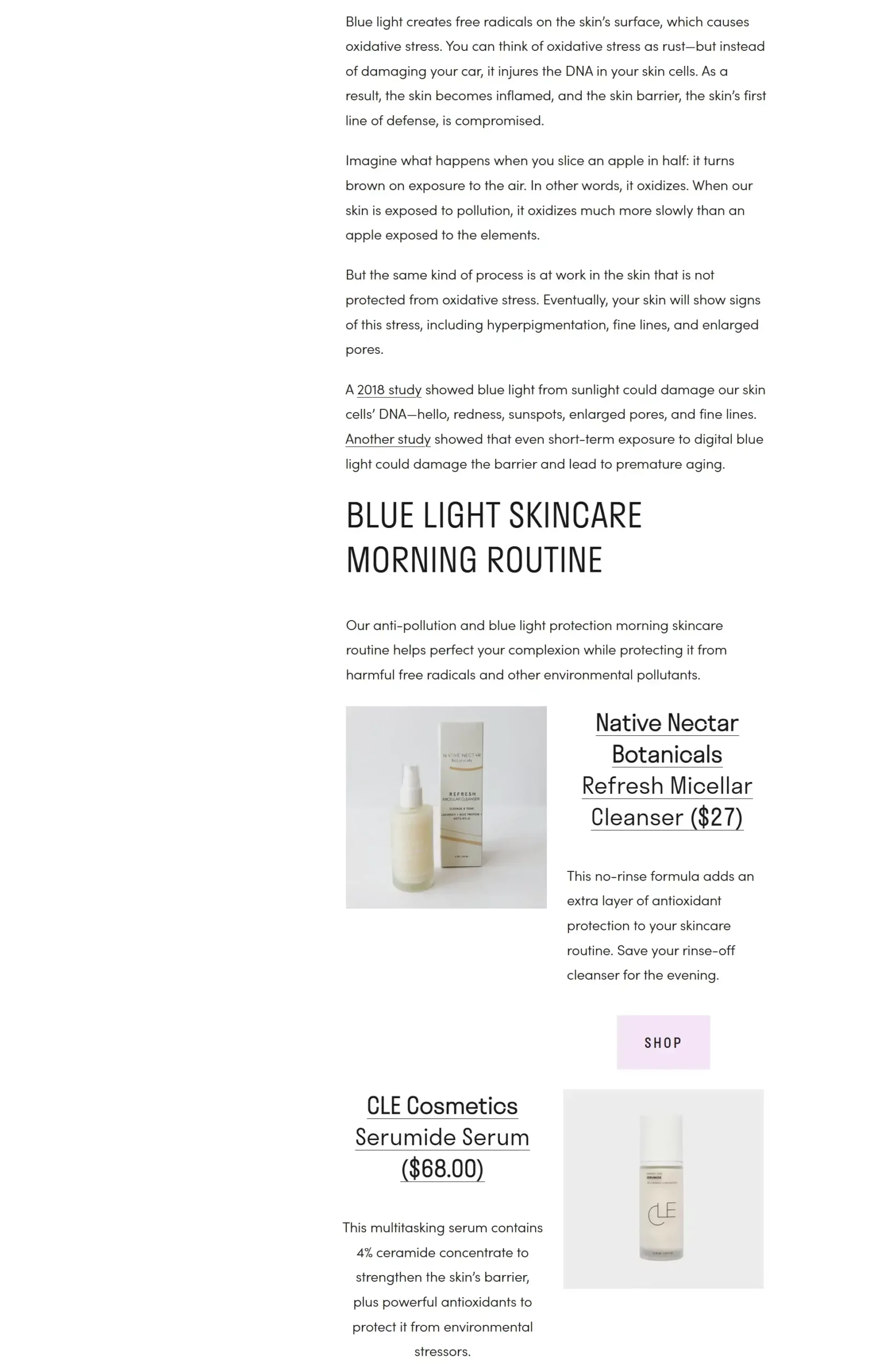 A screenshot of a blog post about Anti blue light skincare. The blog post is written by Charlotte Wilkes. Page 2